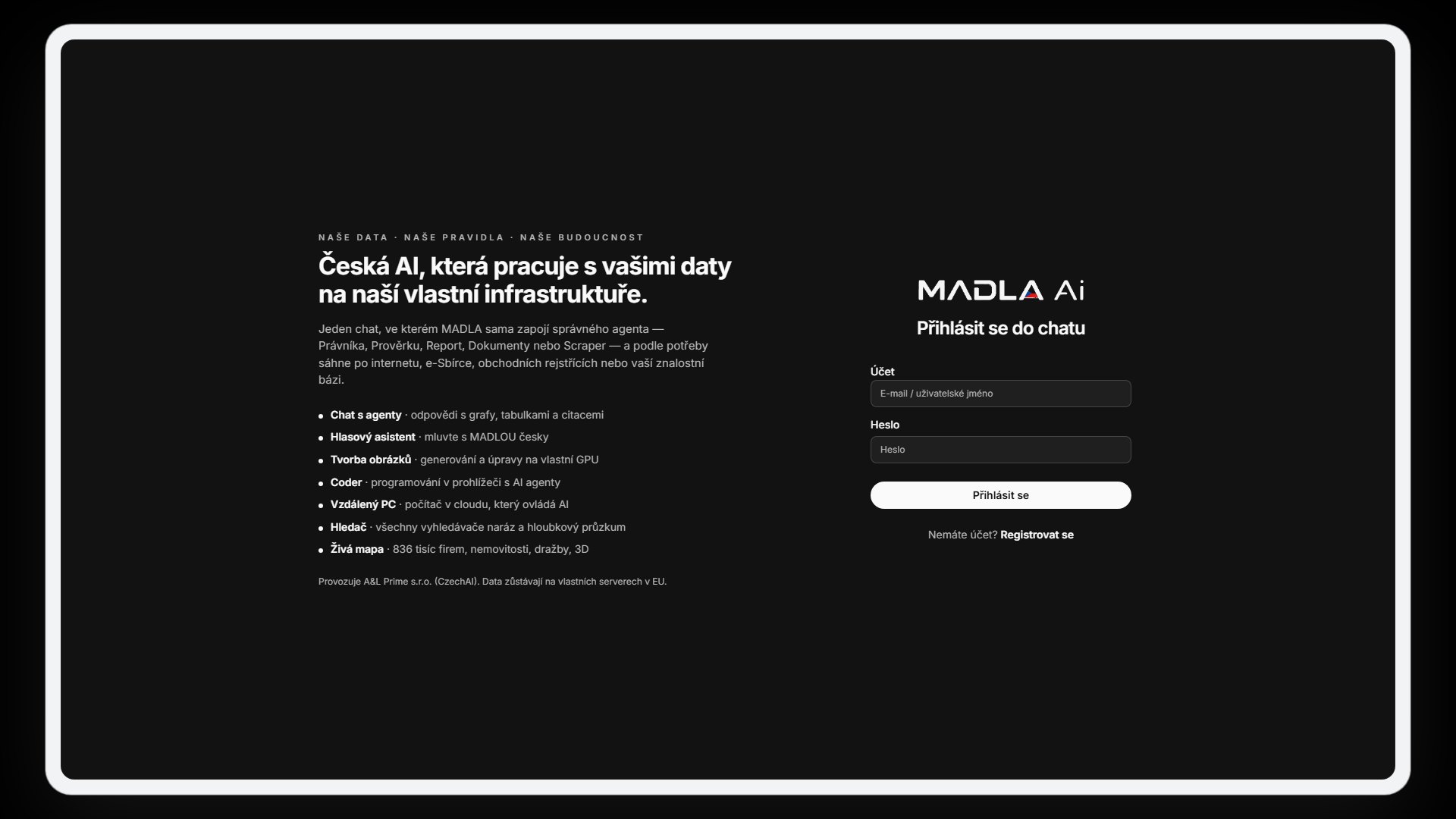 Přihlášení do MADLA Ai — tmavý motiv v rámečku tabletu